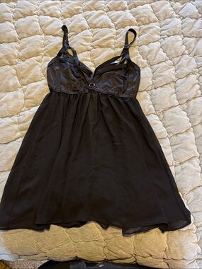 Black Satin & Chiffon V-Neck Chemise with Adjustable Straps